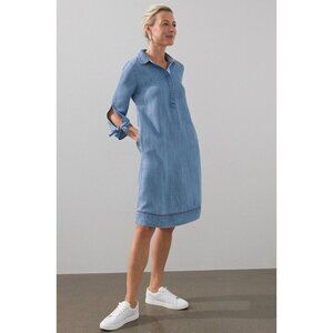 CHICO'S Tencel Tie Sleeve Dress Size 0 US 4 Blue Chambray 3/4 Sleeve Pockets EUC